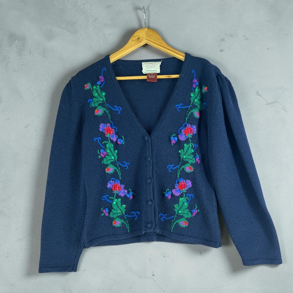 Susan Bristol Vintage 1989 Hand Embroidered Wool Cardigan Navy Blue Floral Large